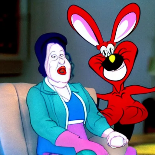 Prompt: roger rabbit hanging out with grandma, warner brothers animation, 1990s