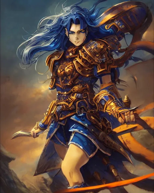 Image similar to An anime portrait of a beautiful D&D half-orc female with long wavy dark blue hair, bright orange eyes, intricate full body armour, fantasy soldier, by Stanley Artgerm Lau, WLOP, Rossdraws, James Jean, Andrei Riabovitchev, Marc Simonetti, and Sakimichan, highly detailed, ultra detailed, golden hour, trending on artstation, cgstudio