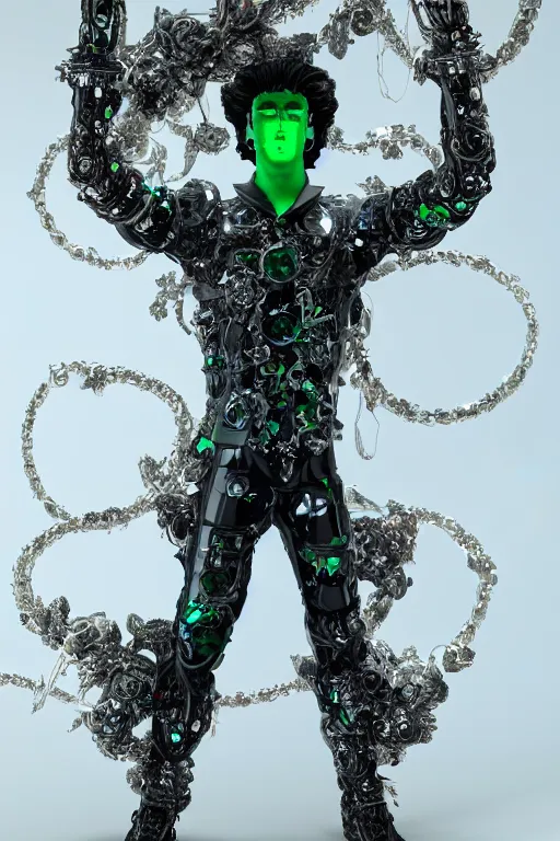 Prompt: full-body rococo and cyberpunk style crystal quartz sculpture of a young handsome seductive chilean android gogo boy reaching for the moon, glowing white laser eyes, crown of black gears and diamonds, swirling green-colored silk fabric. futuristic elements. full-length view. intricate artwork by caravaggio. Trending on artstation, octane render, cinematic lighting from the right, hyper realism, octane render, 8k, depth of field, 3D