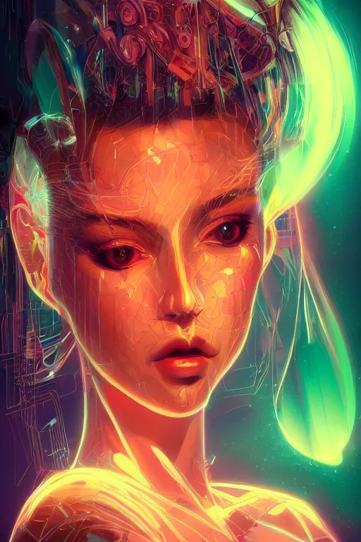 Image similar to portrait of female humanoid from 9 0 s era, intricate, elegant, neon lights, highly detailed, digital painting, artstation, glamor pose, concept art, smooth, sharp focus illustration, art by katsuhiro otomo