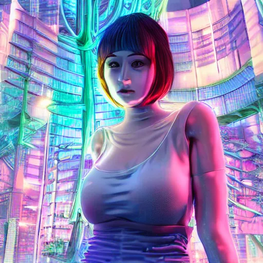 Prompt: cottagecore futuristic portrait of a cute girl in her early 20s striking a pose, short hair, naturist, natural, cybernetic, cyberpunk aesthetics, butterflies, flowers, halations, neon lights, ultraviolet light, pine trees, cottagecore hippie, naturalist, futuristic, forest setting with skyscrapers, futuristic urban setting with pine trees, painting by Alfons Mucha and Gaston Bussiere, trending on artstation, digital art