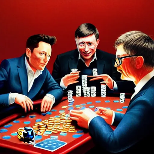 Image similar to UHD photorealistic Elon Musk playing poker with Satoshi Nakamoto, Klaus Schwab, and Bill Gates, hyperrealistic, correct details, cosmic studio lighting, symmetrical faces, accurate faces, by Greg Rutkowski