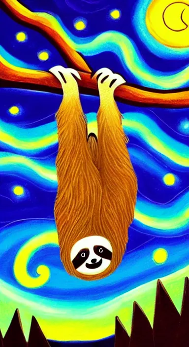 Prompt: a cute sloth hanging on a tree on a starry night, made of bright colored thick flowing dramatic brush strokes, matte colors, trending on artstation