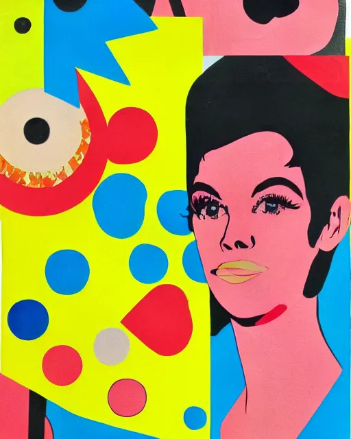 Prompt: cut and paste collage, 1 9 6 0 s, pop art, color block, flower print, primary colors, smooth textures, a woman's face