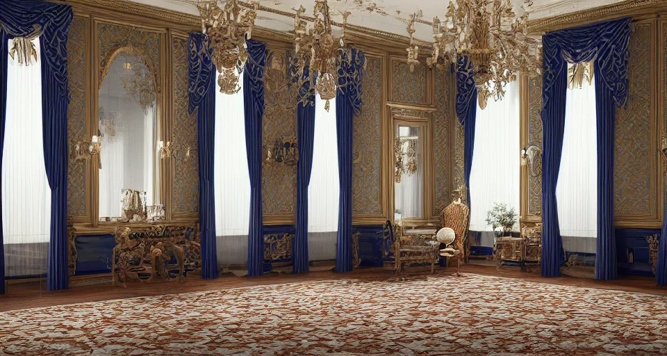 Prompt: view into an ornate baroque room with navy blue damask walls and mahogany floor, windows looking out at neatly manicured lawn and hedges, 8 k, octane render