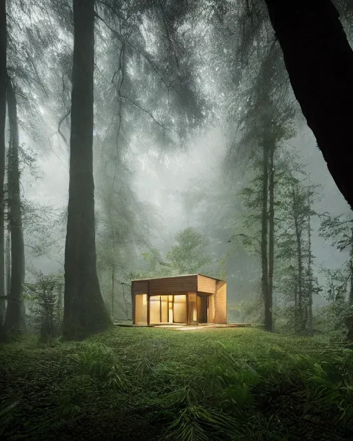 Image similar to an exquisite wooden house in a lush forest, architectural photography, dark and dim lighting, beautiful, tranquil, moody, cinematic, fantasy, 3 5 mm lens, volumetric lighting, first person view, photographic render, hyper realistic