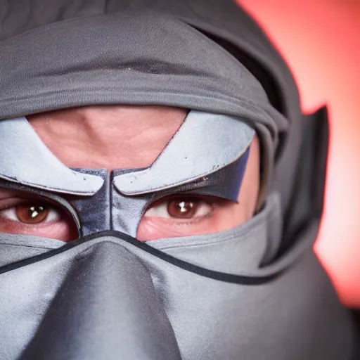 Prompt: a masked man with eye slits in his mask reveals his bloodshot, soulless eyes stares in to the camera looking depressed, 15mm, CANON Eos C300, very detailed, beautiful atmospheric lighting