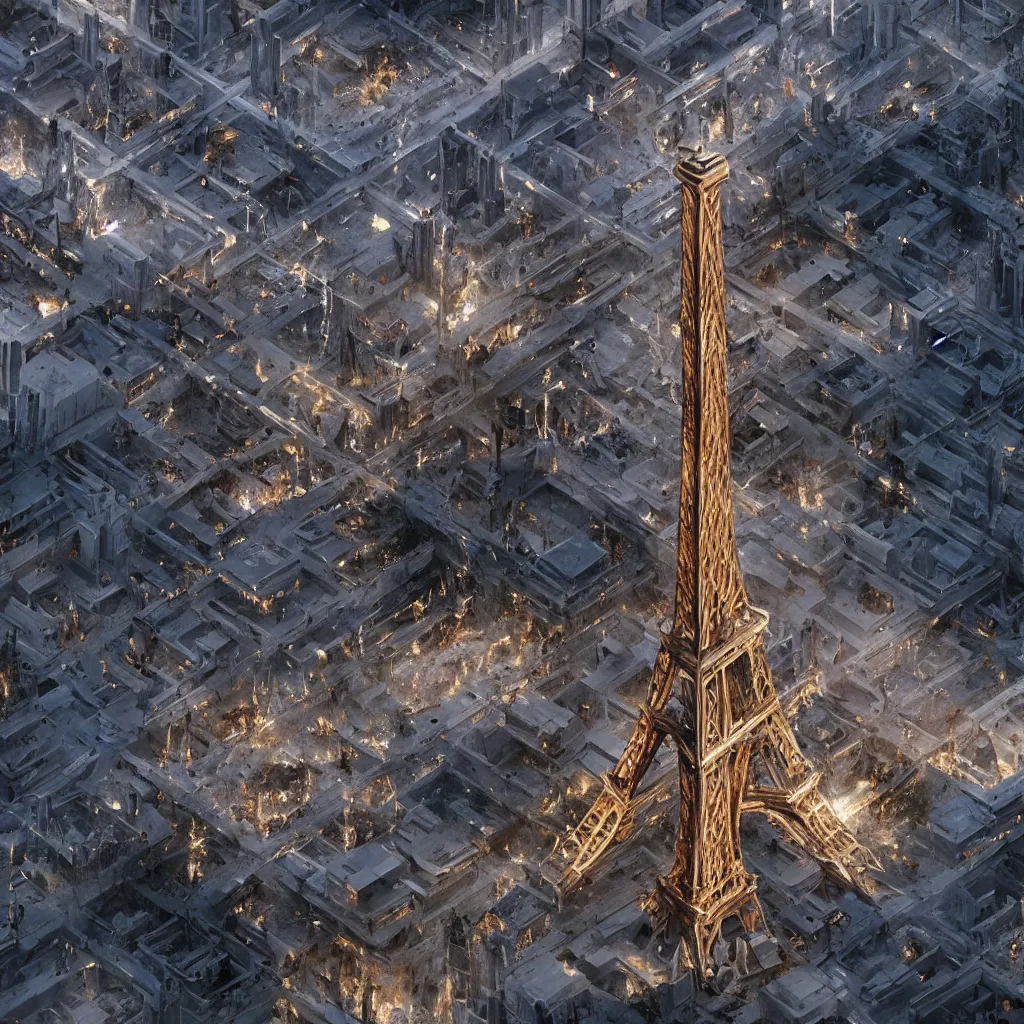 Image similar to A beautiful intricate 8K award-winning cinematic movie photograph of the future Eiffel Tower, destroyed and decaying, hidden by billboards. in the year 2043, by Bruno Delbonnel and greg rutkowski. Arri Alexa 65, IMAX 70mm footage