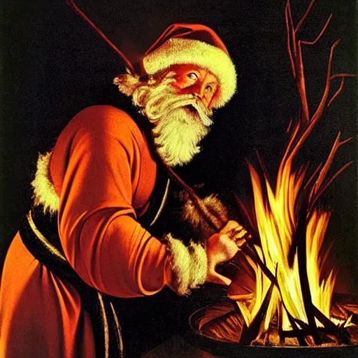 Image similar to Father Christmas burning a Christmas tree Painted by Caravaggio