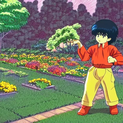 Image similar to salary man tending to his garden before going to work, directed by beat takeshi, visual novel cg, 8 0 s anime vibe, kimagure orange road, maison ikkoku, sketch by osamu tezuka, directed by makoto shinkai and beat takeshi