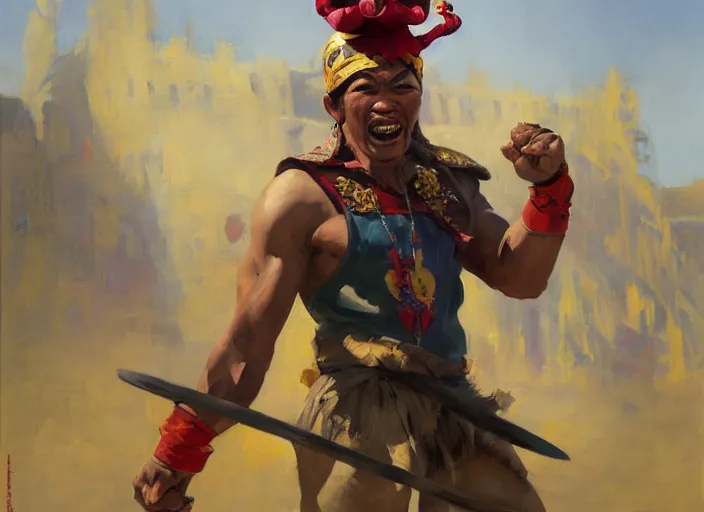 Image similar to greg manchess portrait of a filipino fighting wearing a jester hat in a victorious pose in an arena, organic painting, sunny day, matte painting, bold shapes, hard edges, street art, trending on artstation, by huang guangjian, gil elvgren, ruan jia, randy vargas, greg rutkowski