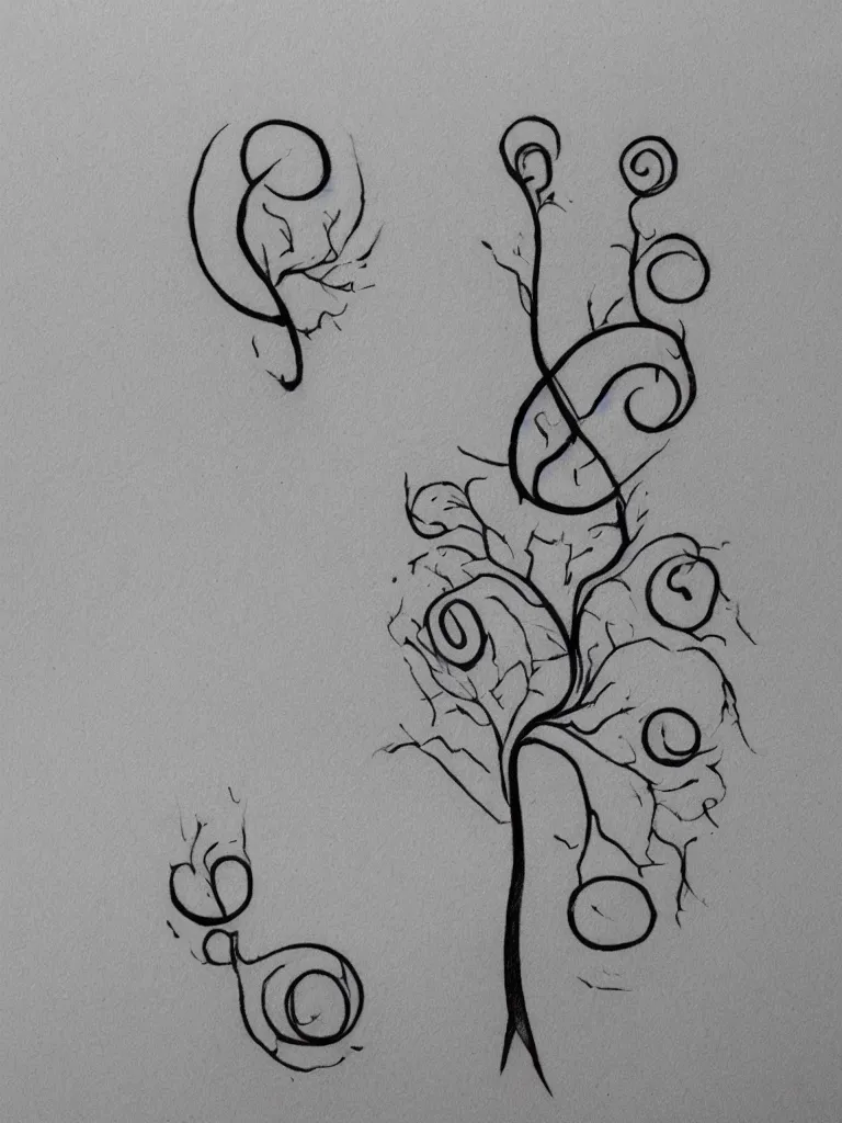 Image similar to a clean single line drawing sketch for a tattoo, acorn that turns into a tree that is also a treble clef with scar line in the middle, clean single line tattoo with bursts of color, isometric