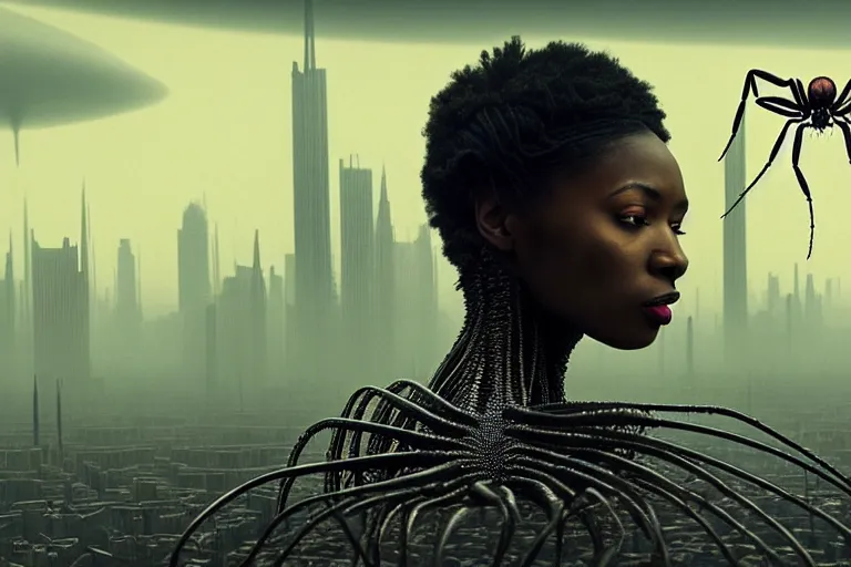 Image similar to realistic detailed photorealistic portrait movie shot of a beautiful black woman with a giant spider, dystopian city landscape background by denis villeneuve, amano, yves tanguy, alphonse mucha, ernst haeckel, david lynch, edward robert hughes, roger dean, cyber necklace, rich moody colours, cyber patterns, wide angle