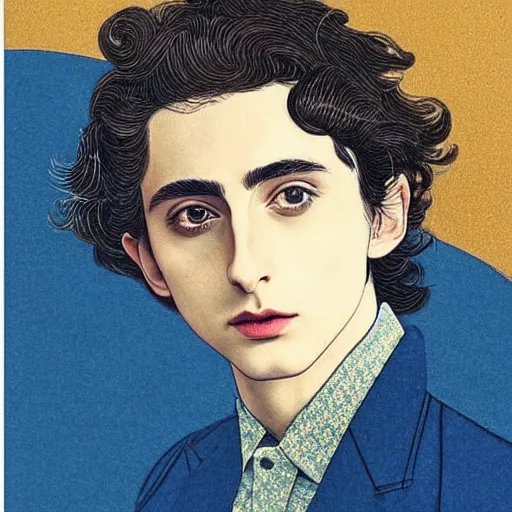 Prompt: “ timothee chalamet portrait by ikenaga yasunari and ayana otake and ko rakusui, 6 0 s poster, drawing, realistic, sharp focus, japanese, dreamy, nostalgia, faded, golden hues, floral clothes ”