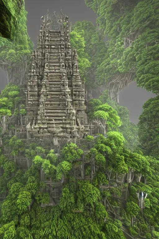 Image similar to ancient fractal temple, altar, primordial diamond radiating - sharp focus view of a megastructure in the hanging gardens of a radiant forest jungle, overgrown garden, scanned earth terrain fractal bridges, highly detailed erosion algorithm landscape, by albert bierdstat, by glenn small, high resolution, 8 k photorealism, god rays in volumes of fog, looking up perspective