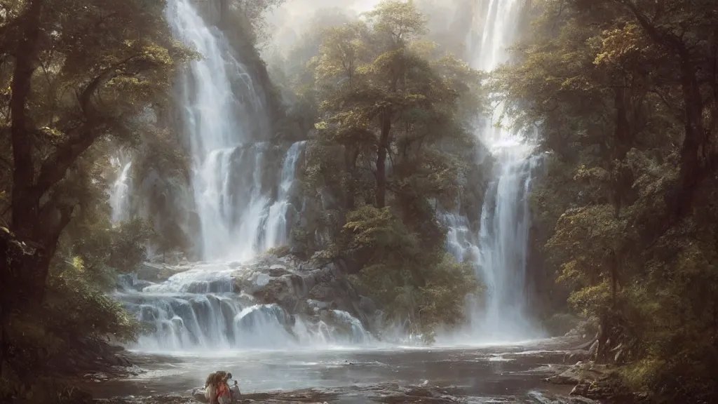 Image similar to the most beautiful panoramic landscape, oil painting, where a giant dreamy waterfall creates a river, the trees around are starting to bloom in a variety of colors, by greg rutkowski