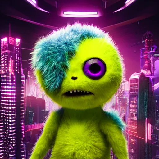 Image similar to high quality 3 d render cyberpunk very tennis ball monster highly detailed, unreal engine cinematic smooth, in the style of blade runner & detective pikachu, hannah yata charlie immer, purple light, low angle, uhd 8 k, sharp focus