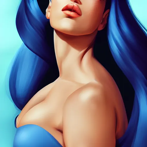 Image similar to a stunning upper body portrait of a beautiful woman with navy blue hair blowing in the wind by marvel comics, digital art, trending on artstation