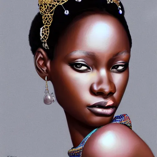 Image similar to A masterpiece portrait of a Incredibly beautiful African girl albino model with nose ring. With big bright rich jewelry. In European royal gorgeous barocco clothes. Queen\'s crown. Vogue. trending on artstation, digital art, by Stanley Artgerm Lau, WLOP, Rossdraws, James Jean, Andrei Riabovitchev, Marc Simonetti, Yoshitaka Amano