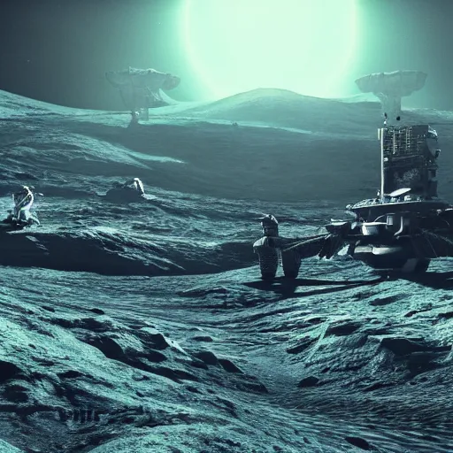 Image similar to alien bases on the moon, dramatic lighting, cinematic, establishing shot, extremly high detail, photorealistic, cinematic lighting, artstation, style by greg rutkowsky