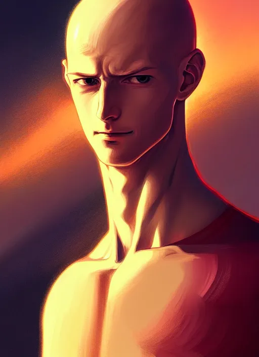 Image similar to handsome saitama, half body shot, path traced, punch, highly detailed, high quality, digital painting, alena aenami, lilia alvarado, shinji aramaki, karol bak, alphonse mucha, tom bagshaw