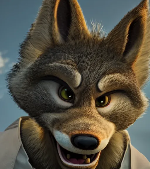 Image similar to a film still from zootopia main character portrait anthro anthropomorphic wolf guard head animal person fursona pixar disney animation sharp rendered in unreal engine 5 anime key art by greg rutkowski bloom dramatic lighting modeling beginner render