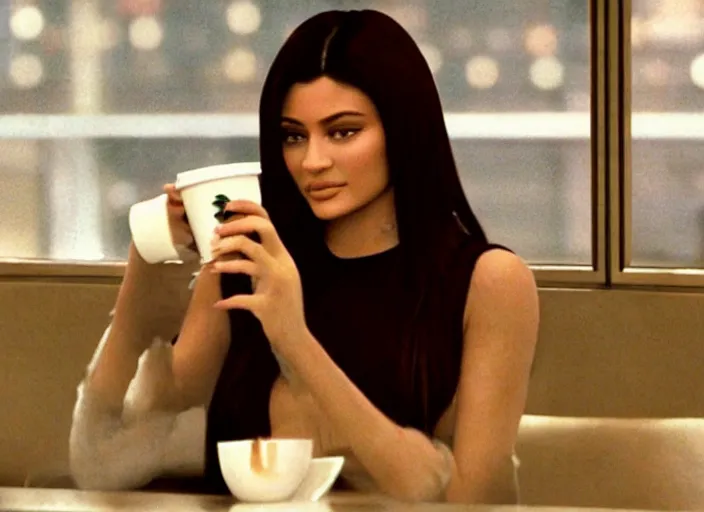 Image similar to a close - up, color cinema film still of kylie jenner drinking coffee at a starbucks, ambient lighting at night, from matrix ( 1 9 9 9 ).