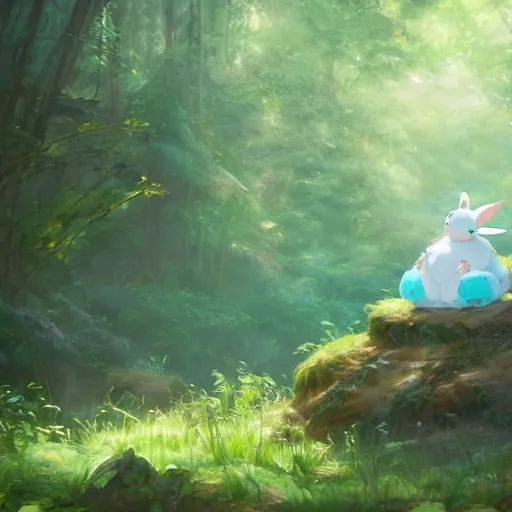 Image similar to concept art painting of a chubby white rabbit wearing a turquoise dress, in the deep forest, realistic, detailed, cel shaded, in the style of makoto shinkai and greg rutkowski and james gurney