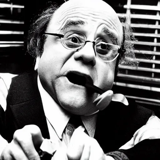 Prompt: Danny Devito smoking crack out of a crack pipe, award-winning photo