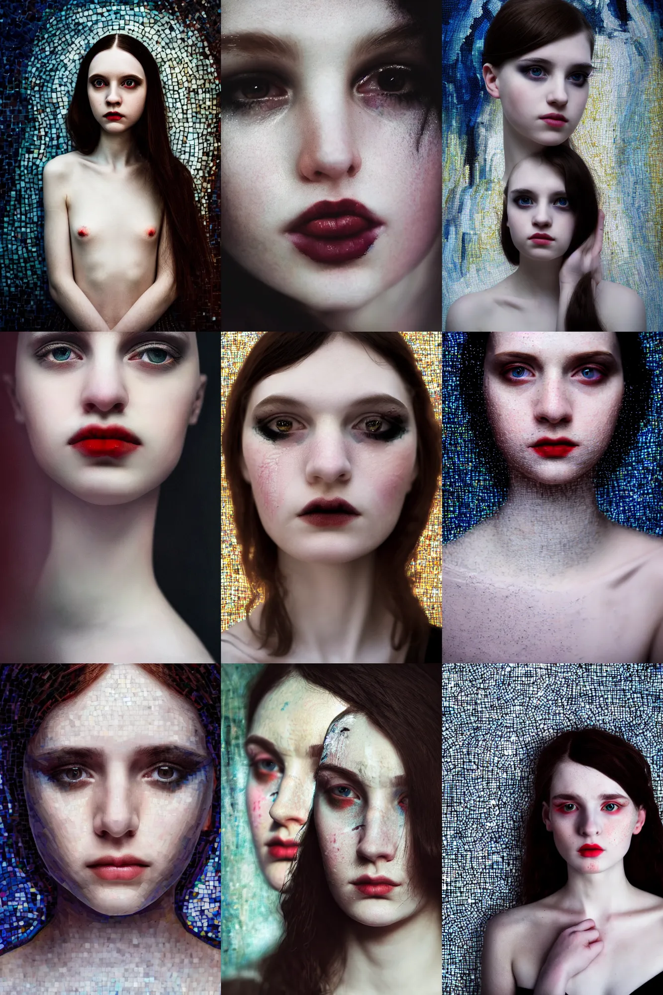 Prompt: wide angle cinematic portrait of a pale girl with three black eyes and dark hair, ultrarealistic face with cold fashion studio dramatic lighting by monia merlo and mikhail vrubel, vivid mosaic brushstrokes in background, closeup 4k