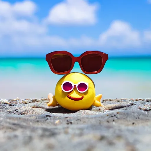 Prompt: a humonid lemon cartoon character is wearing a sunglass, is relaxing on a beach,, inspired by dalle 2 generations.