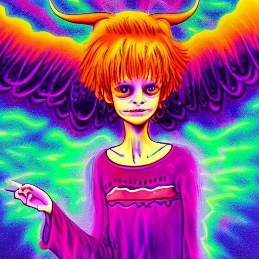 Prompt: a detailed painting of a demon poorly disguised as an angel by Junji ito and Lisa frank, neon color scheme, artstation,8k,artstationHD,artstationHQ, cinematic, diffuse lighting