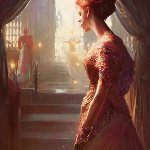 Image similar to colorful illustration of lady at a wedding, intricate complexity, by greg rutkowski, artgerm. 4 k, beautiful, cinematic dramatic atmosphere