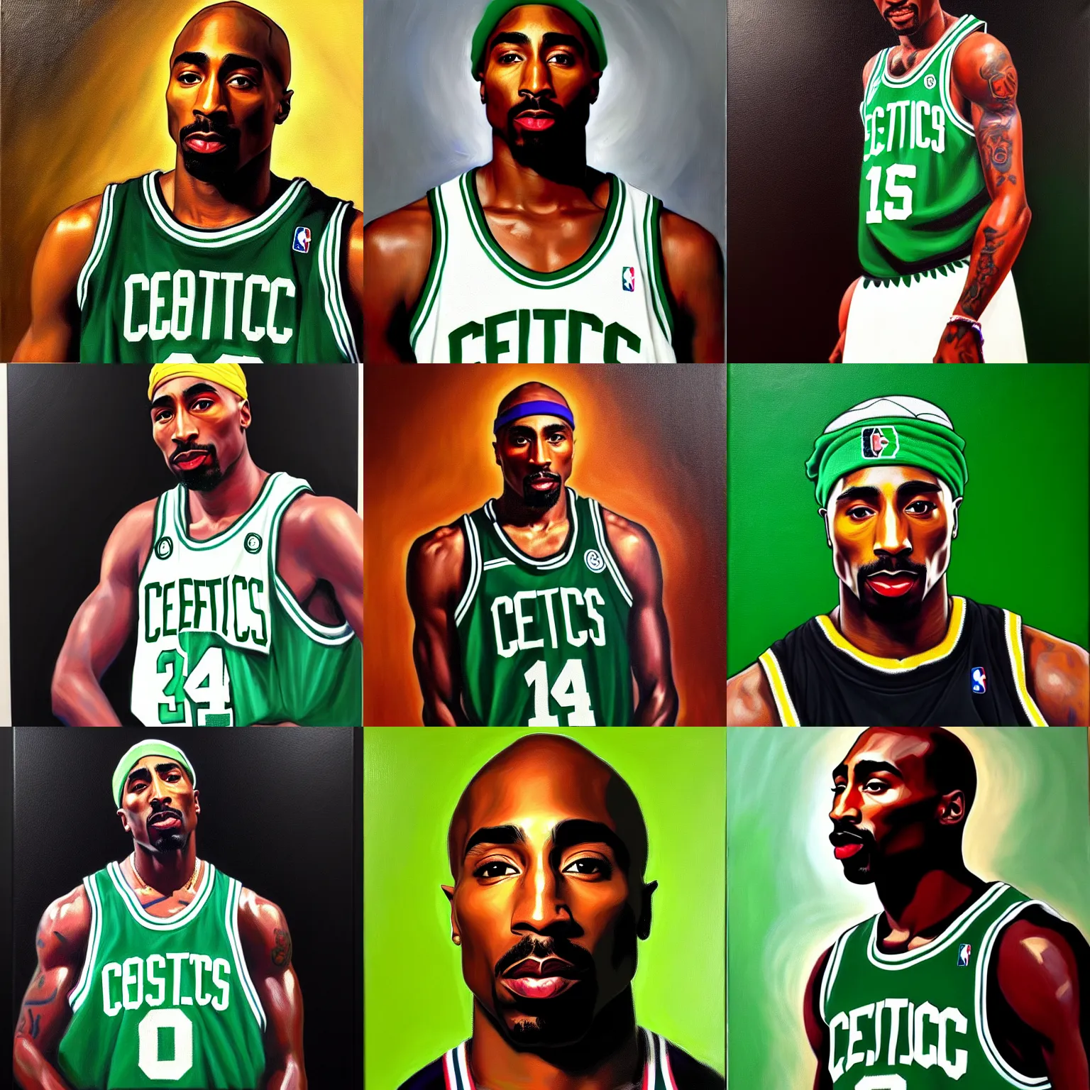 Image similar to portrait of tupac shakur wearing a celtics jersey, oil on canvas by william sidney mount, trending on artstation