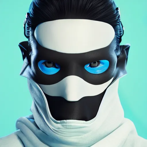 Image similar to a highly detailed, portrait of a man with black hair with a black medical mask, in a hood in the form of a blue shark with white teeth, artstation, DeviantArt, professional, octane render, digital art