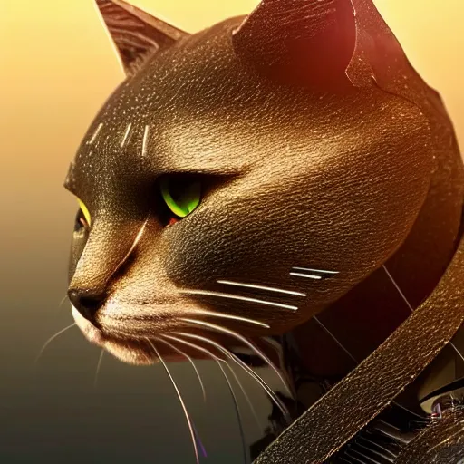 Prompt: profile photo of a robotic cat, 1980s art, Art Station, Trending on Artstation, cgsociety, Pinterest, concept art, cinematic, 8k, hyper detailed, ultra realistic, epic, high resolution, digital art, ultra high quality, sci fi, robot, sharp, 4k UHD, realistic, intricate,