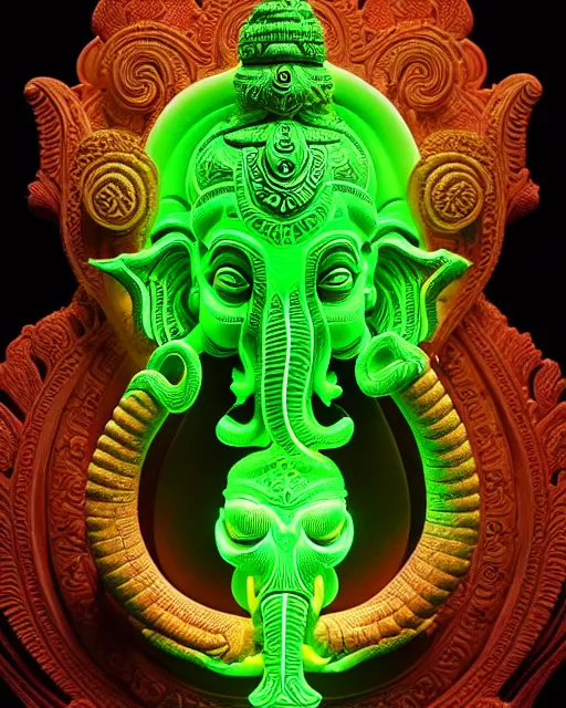 Image similar to 3 d ornate carved ganesha with profile portrait, sigma 5 0 0 mm f / 5. beautiful intricate highly detailed quetzalcoatl skull. neon green glow bioluminescent, plasma, lava, ice, creature, thunderstorm! artwork by tooth wu and wlop and beeple and greg rutkowski, 8 k trending on artstation