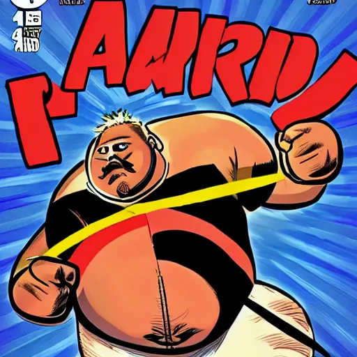 Image similar to A fat man with a fade haircut and a mustache as a comic book hero fighting off evil,, 4k, comic book cover