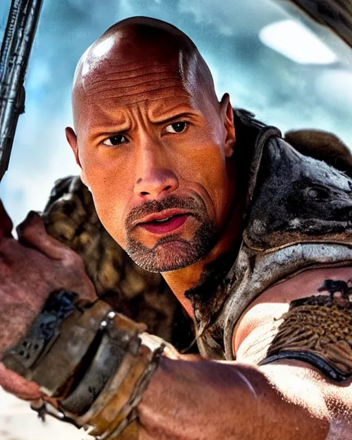 Prompt: film still close up shot of dwayne johnson as max rockatansky in the movie mad max. photographic, photography