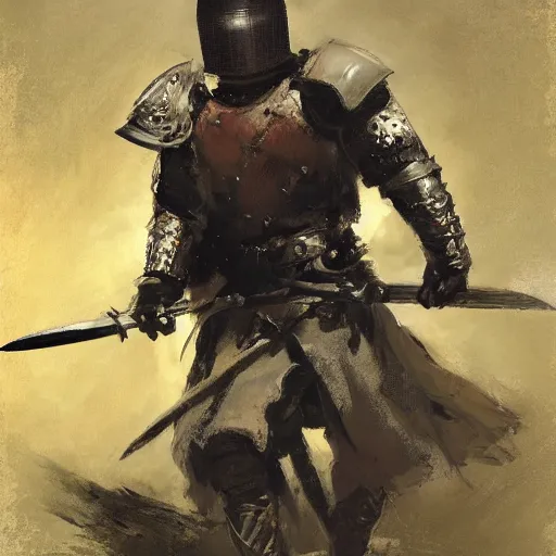 Image similar to portrait of man wearing gambeson and sallet helmet, holding sword, attacking, dramatic, detailed by greg manchess, craig mullins, bernie fuchs, walter everett