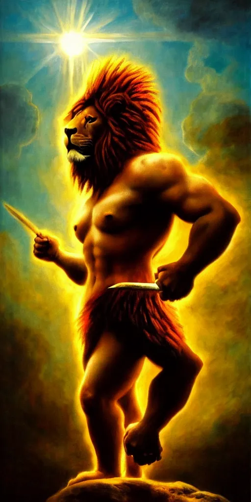 Prompt: oversized muscular lion barbarian hunter full human body in portrait powerful pose and strong shiny backlight of sun rays , red planet explosion in cyan background , very textured detailed oil painting by rembrandt , hard backlight , in dark cave