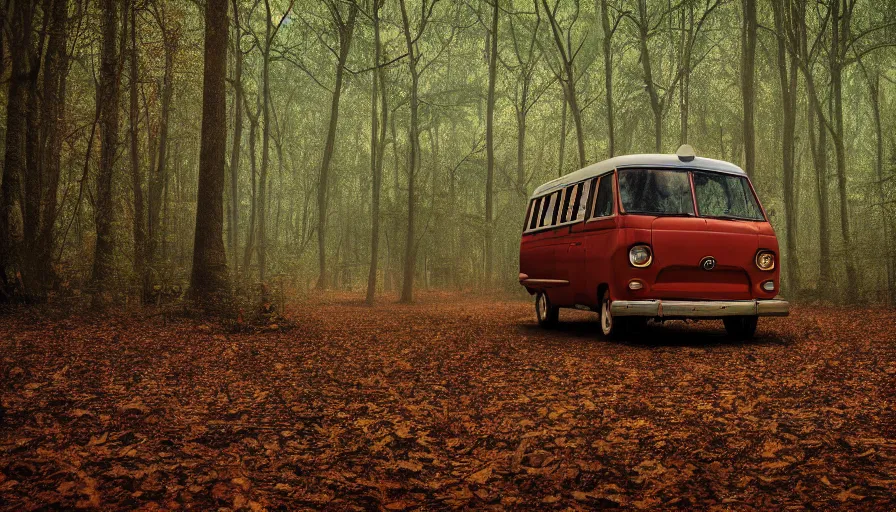 Image similar to Scooby van in a scary forest, 4k photography award winning,