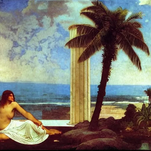 Image similar to The giant column, thunderstorm, greek pool, beach and palm trees on the background major arcana sky, by paul delaroche, alphonse mucha and arnold böcklin arnold böcklin hyperrealistic 8k, very detailed