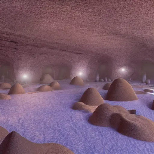 Prompt: volcano sand cavern mushroom city of crystals, high detail, photorealistic, unreal engine render, matte, sharp focus, concept art