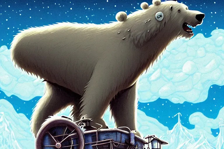 Image similar to cell shaded cartoon of a giant lovecraftian polar bear from howl's moving castle ( 2 0 0 4 ), with a mechanical city on his back as a backpack, on an icy road, full body, wide shot, very muted colors, post grunge, studio ghibli, highly detailed, deviantart, art by artgem