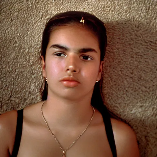 Prompt: masterpiece intimist portrait of a photogenic cinegenic latina teenager wearing sunglasses and many necklaces, chaotic teenage bedroom, sunny day, heat haze, perfect framing, smoke, dust particles, interior shot, f2, anamorphic lens, great photographers, best photos of all times, 1994, by Larry Clark