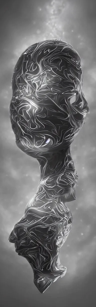 Image similar to epic illustration, digital abstract sculpt of beautiful female face silhouette and black swirling concrete acrylic portrait, black latex sculpt, octane render, mechanical superstructure, sacred geometry, glowing edges, magic hour, beautiful light, sculpture of carving marble, dark colors, dark mood, one point light, clockwork, epic matte painting, concept art, bokeh, digital painting, artstation