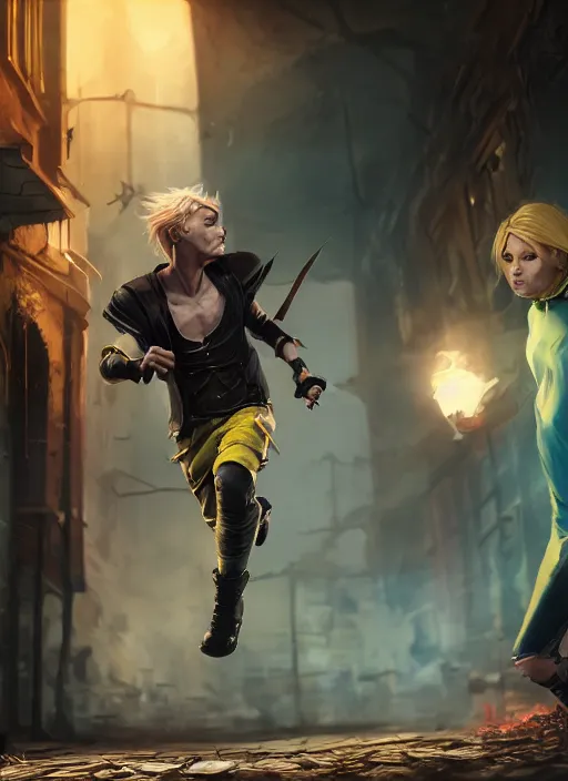 Image similar to An epic fantasy comic book style portrait painting of a young blonde boy thief running from a woman in a brothel, unreal 5, DAZ, hyperrealistic, octane render, cosplay, RPG portrait, dynamic lighting