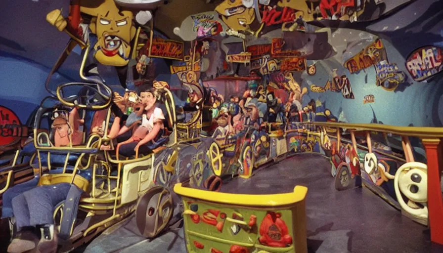 Prompt: 1990s photo of inside the Hey Arnold Ride at Universal Studios in Orlando, Florida, riding through Arnold's neighborhood , cinematic, UHD