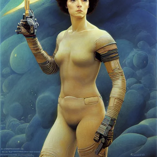 Image similar to masterpiece full body portrait Ripley on Dune, by Edgar Maxence and Ross Tran and Michael Whelan and Gustav Klimpt